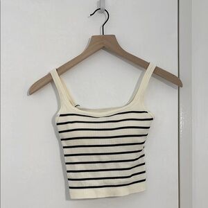 Striped Ribbed Square Neck Tank Top with Built-in Bra - Cream and Black